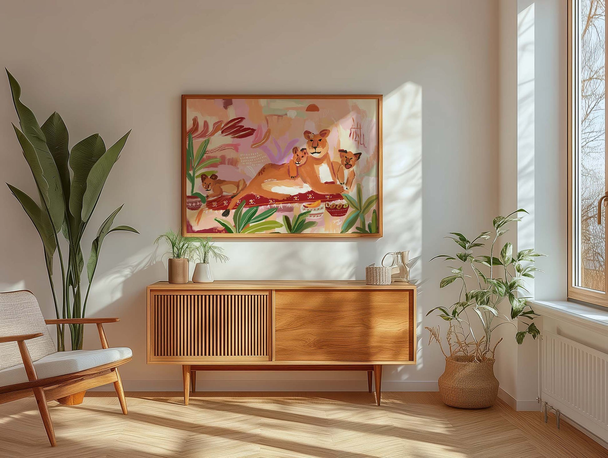 Colorful lioness with cubs painting, symbolic of family love and motherhood, fine art wall décor