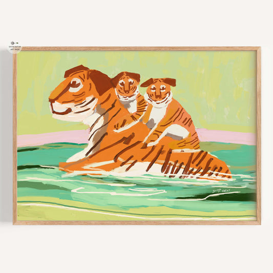 Framed artwork of two tigers sitting in water with a green background
