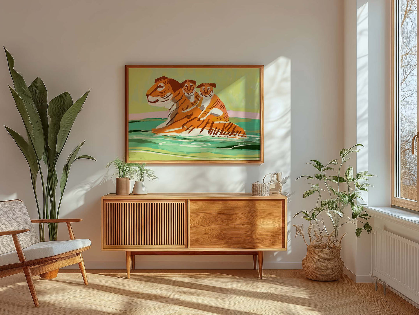 Bold tiger family wall print with playful cubs, archival giclée art for animal lovers and parents