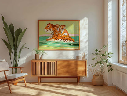 Bold tiger family wall print with playful cubs, archival giclée art for animal lovers and parents
