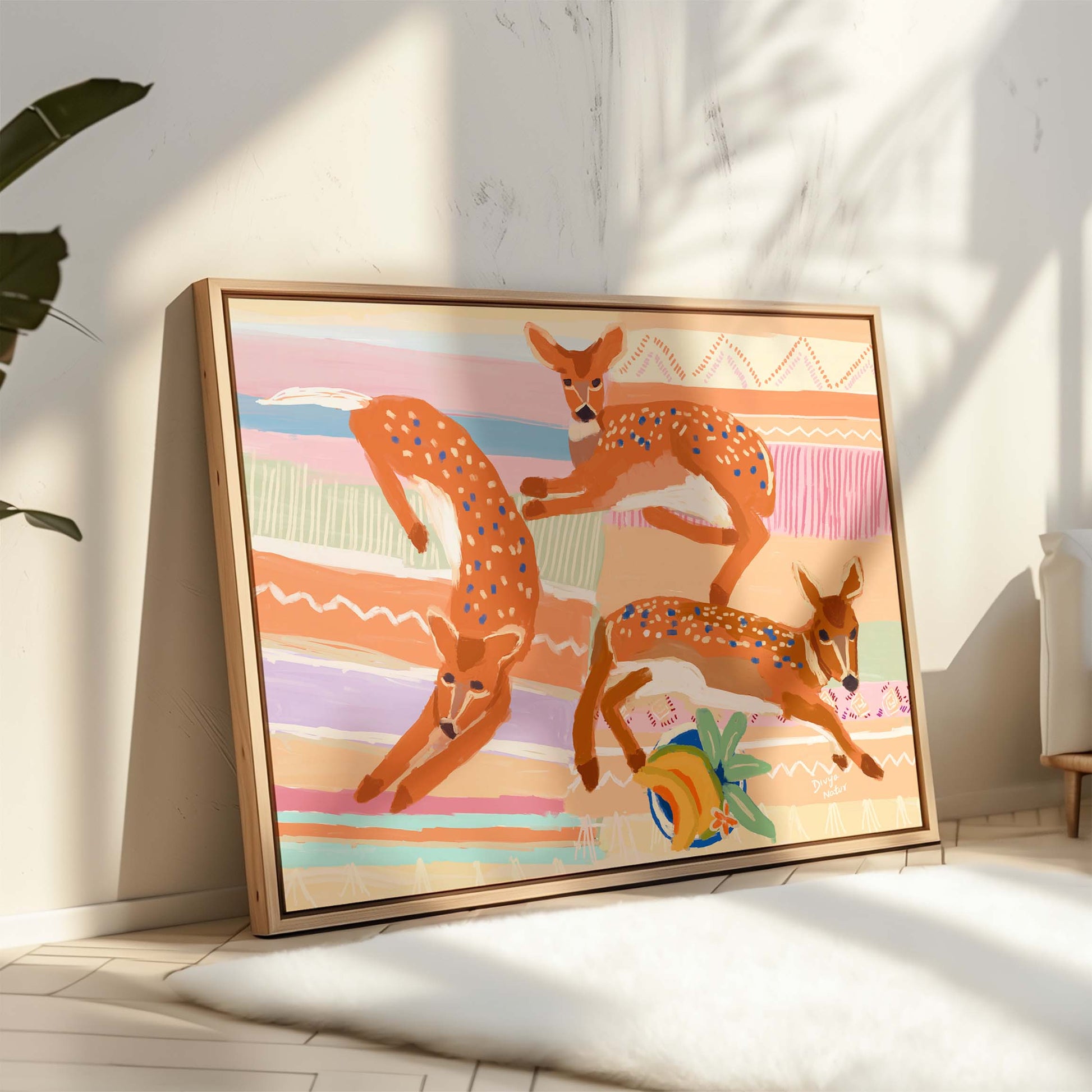 Fine art giclée print of deer leaping in an abstract landscape, perfect for woodland-themed interiors