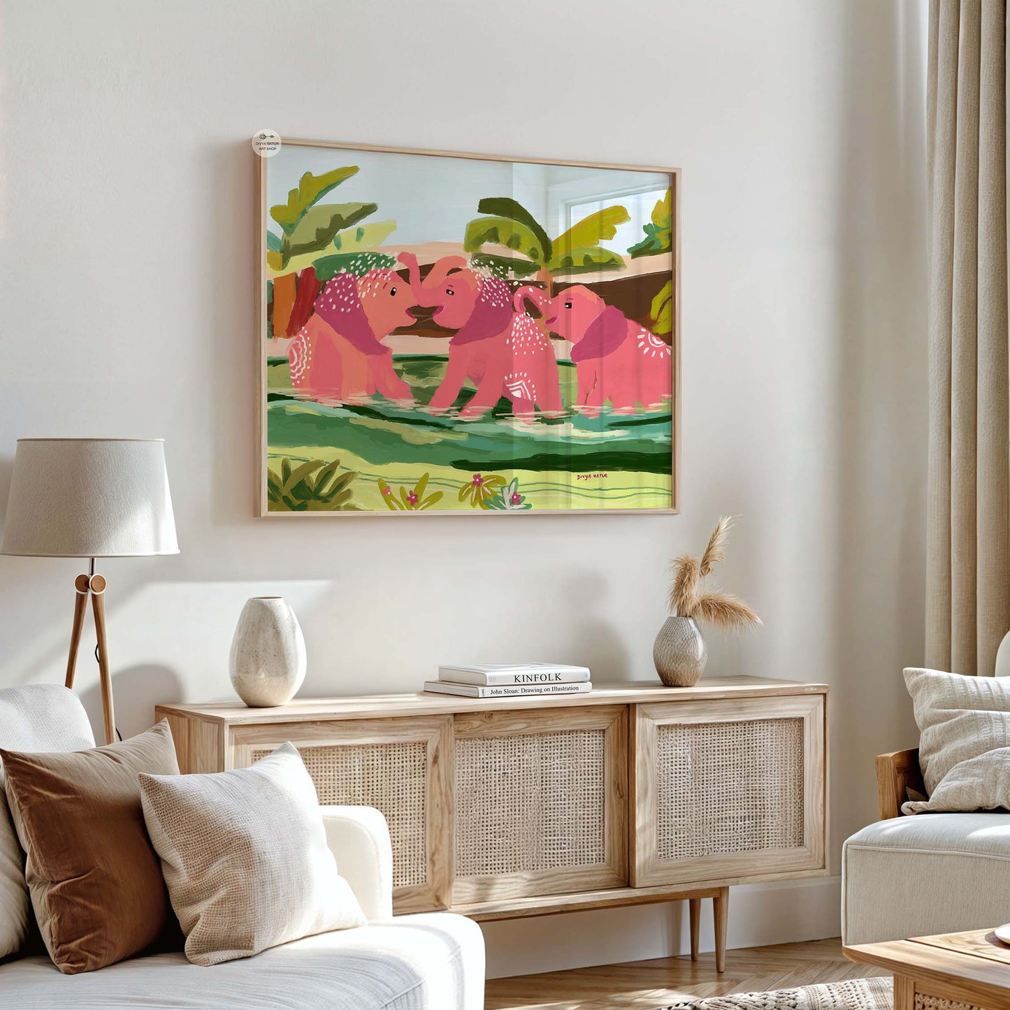 Tropical wildlife print featuring three elephants in lush scenery, vibrant fine art illustration