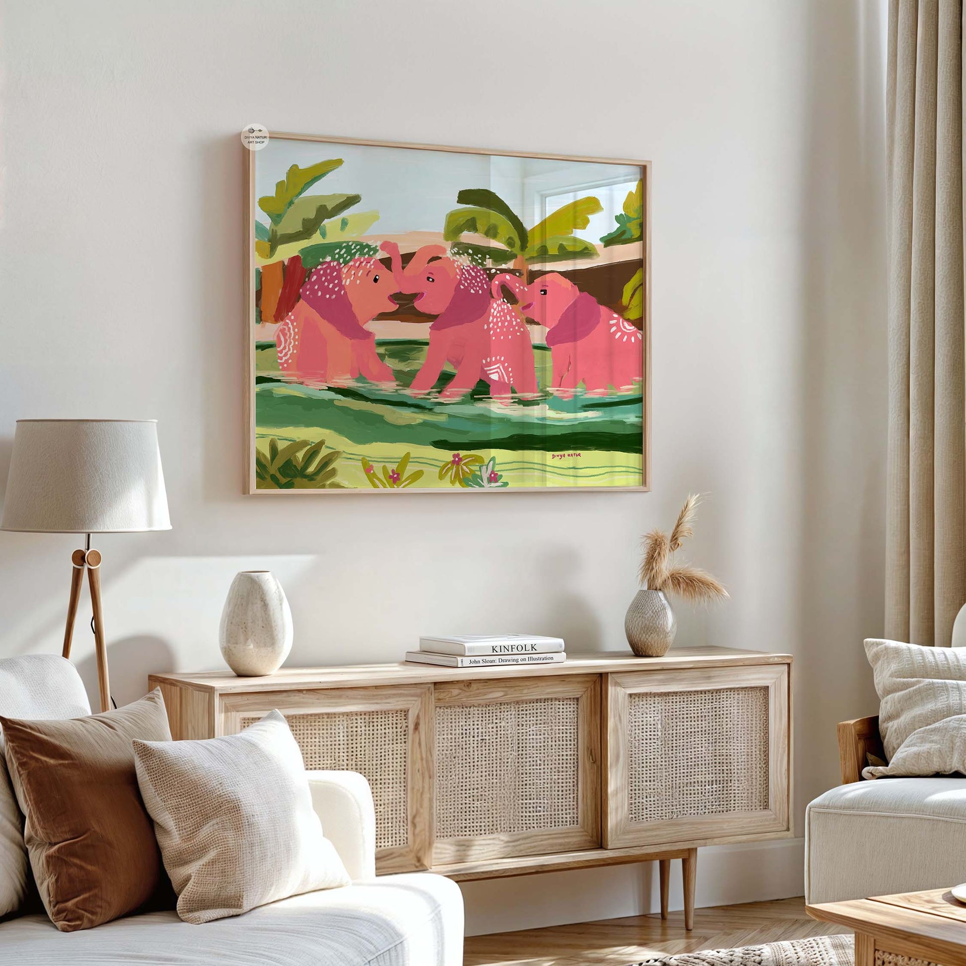 Tropical wildlife print featuring three elephants in lush scenery, vibrant fine art illustration