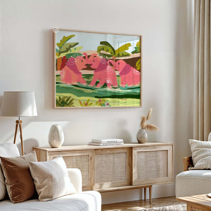 Tropical wildlife print featuring three elephants in lush scenery, vibrant fine art illustration