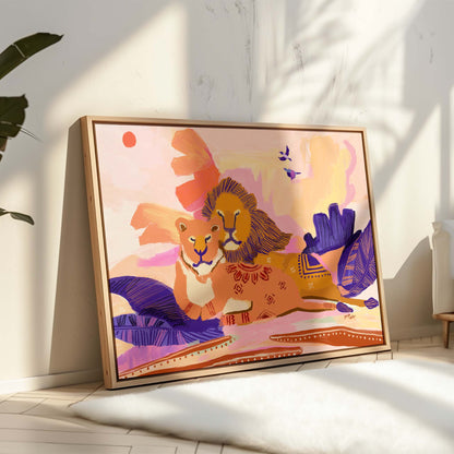 Bold wildlife art featuring lion couple in warm earthy tones with purple leaves and tribal motifs