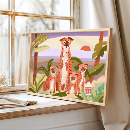 Modern cheetah wildlife print with cubs, archival giclée fine art for animal lovers