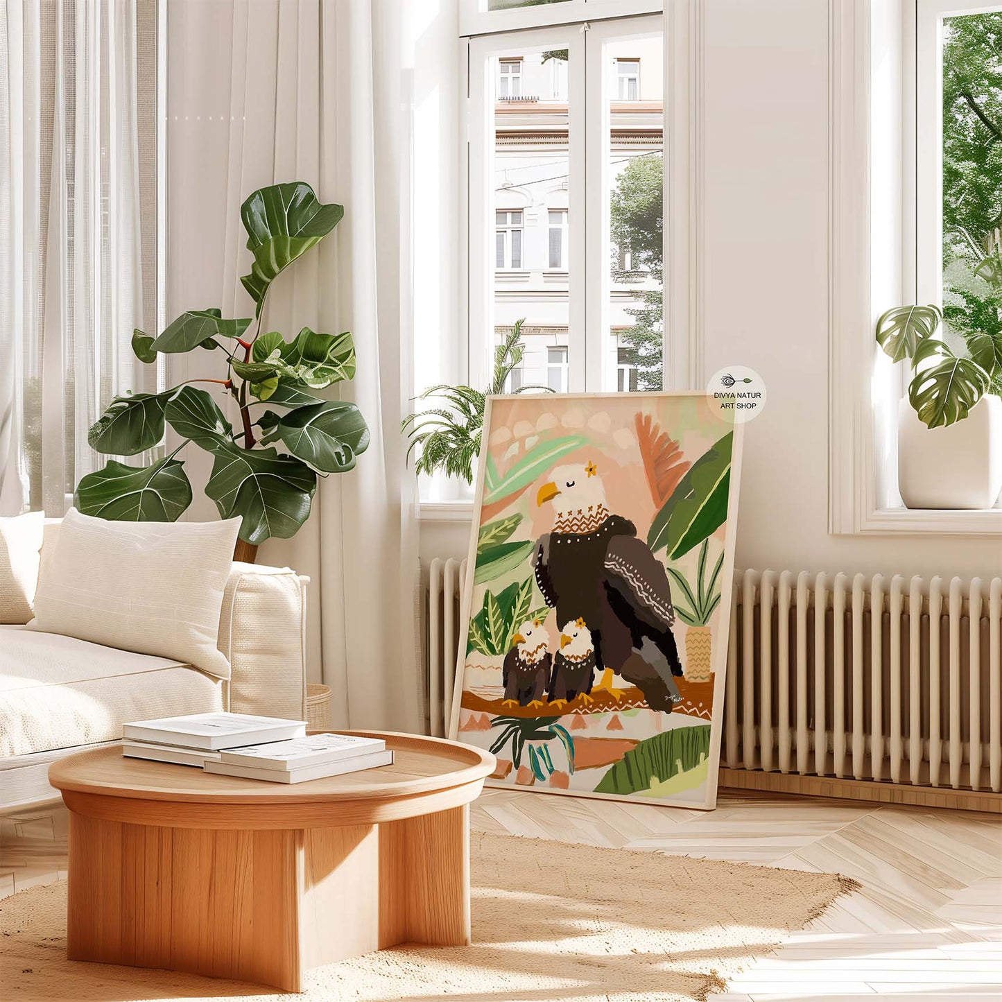 Decorative eagle illustration with eaglets, modern wildlife print for nurseries and homes
