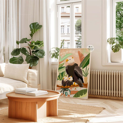 Decorative eagle illustration with eaglets, modern wildlife print for nurseries and homes