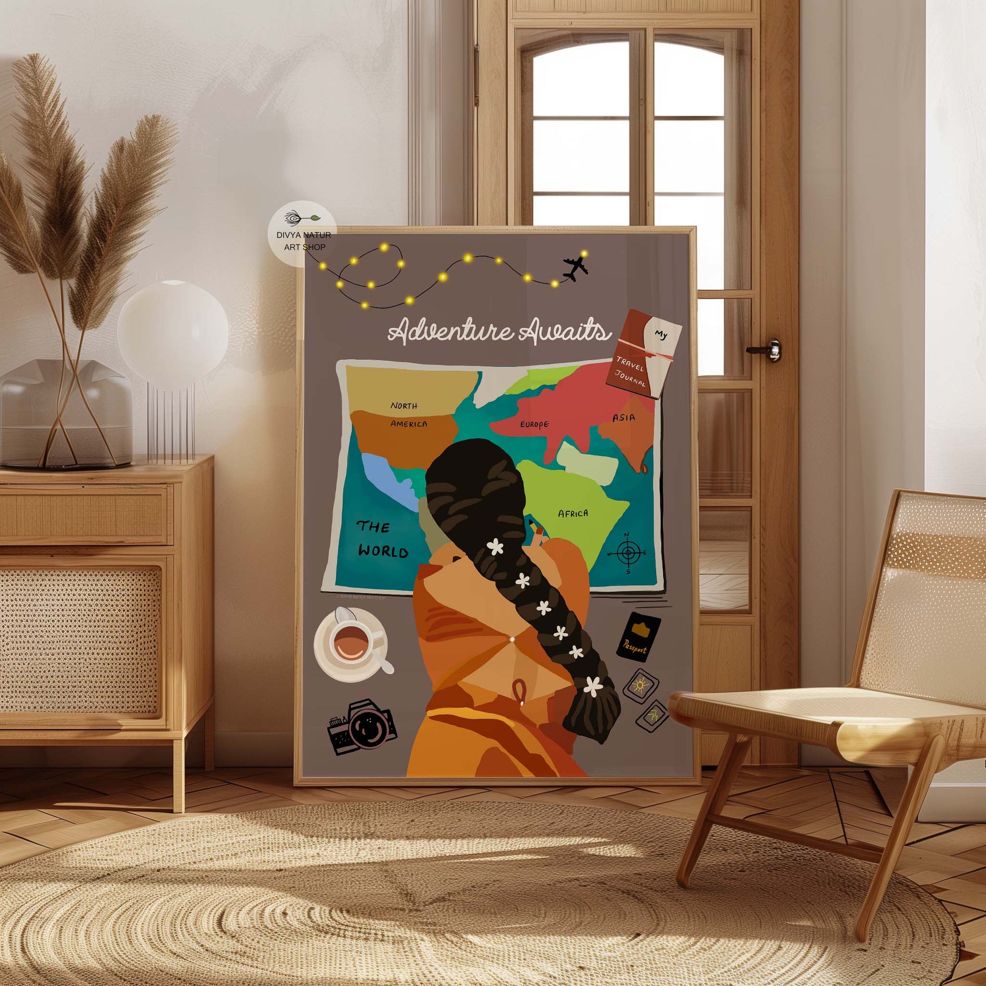 Woman exploring a world map, capturing the thrill of adventure.