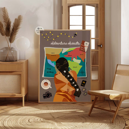 Woman exploring a world map, capturing the thrill of adventure.