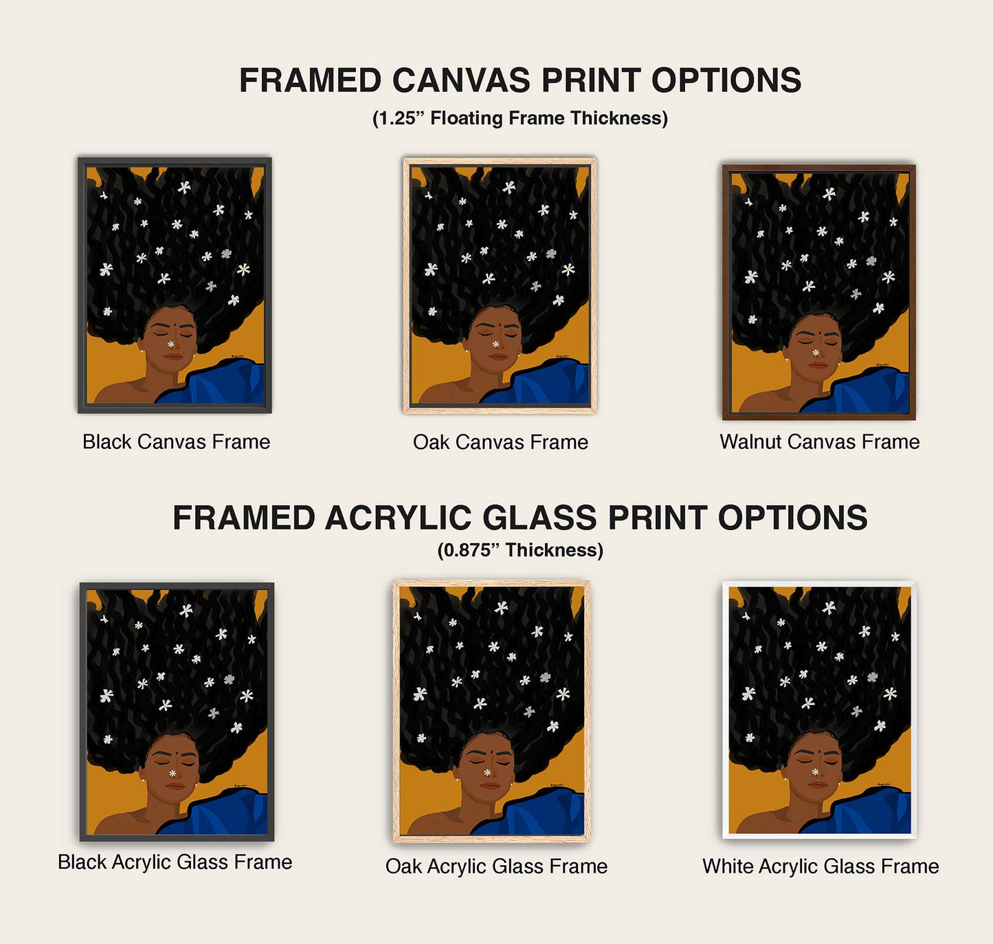 Boho wall decor print of woman with black hair and floral accents