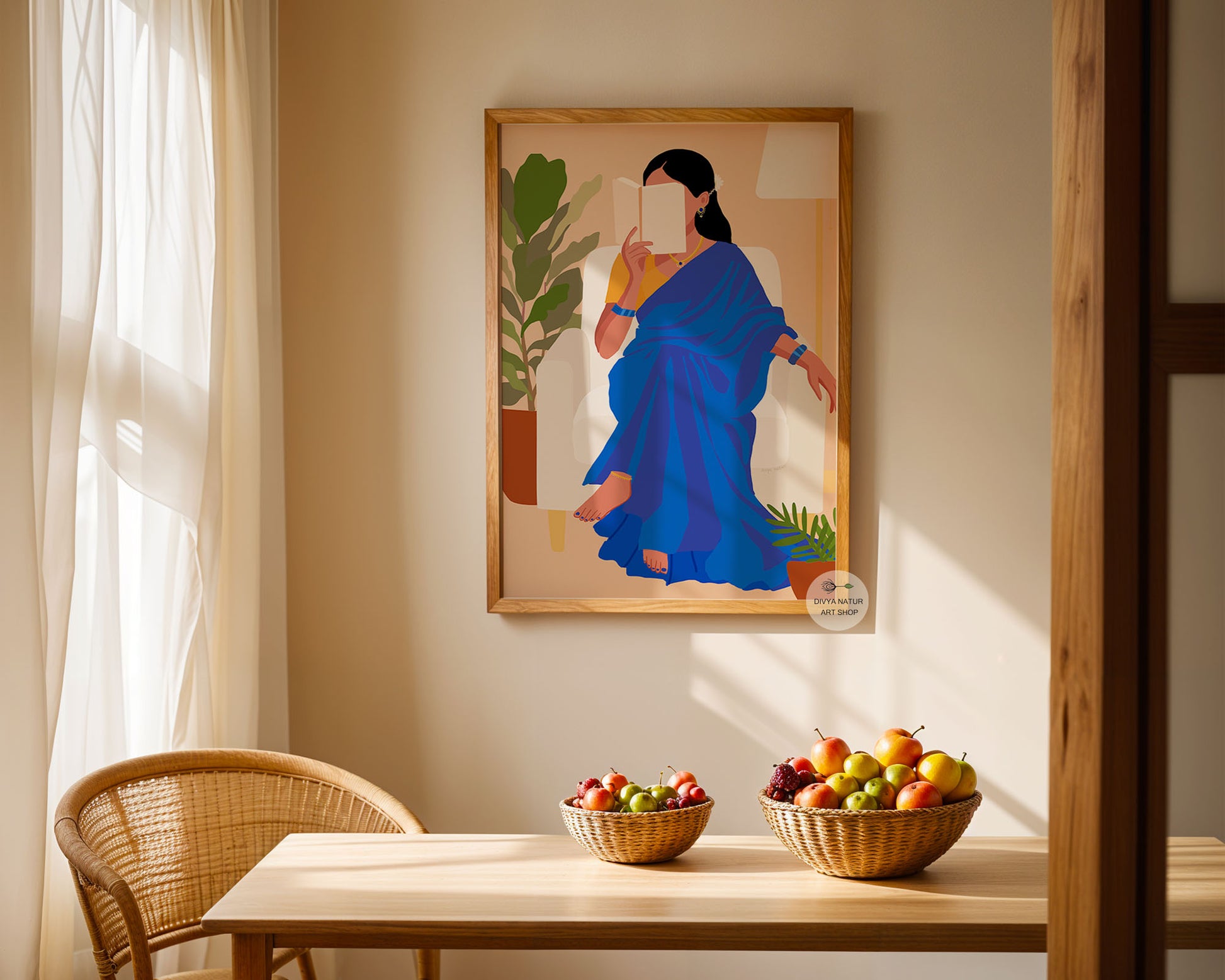 Modern ethnic wall art featuring Indian woman in saree holding book, cozy interior style