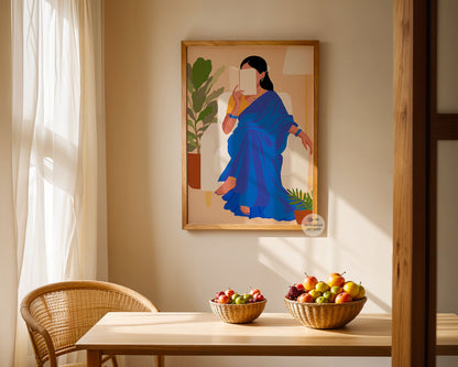 Modern ethnic wall art featuring Indian woman in saree holding book, cozy interior style