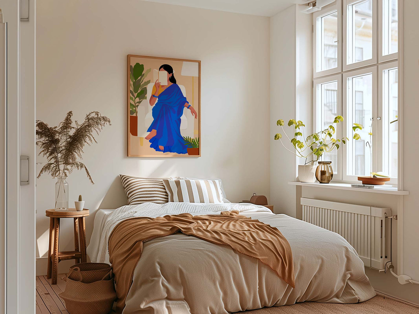 Vibrant cultural artwork of woman in blue saree reading book, perfect for reading corners