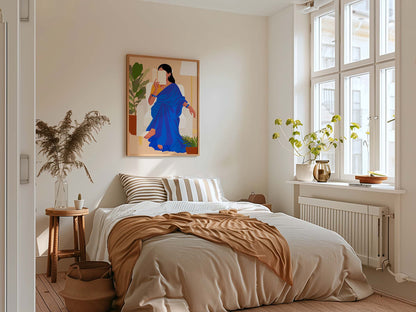 Vibrant cultural artwork of woman in blue saree reading book, perfect for reading corners